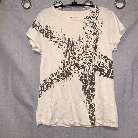 💧COLDWATER CREEK Cream Colored Tee with Star Dripping Paint Design size Small - Picture 1 of 7